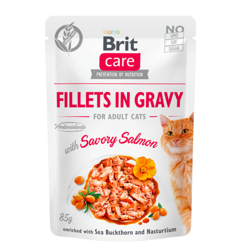 Brit Care Filets de Saumon en Sauce pour Chats Adultes | | Sans Céréales, Enrichi en Argousier et Capucine | Super Premium