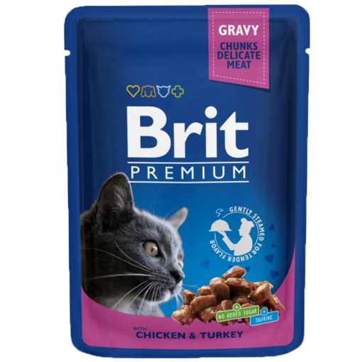 Brit Premium Pochon Poulet et Dinde pour Chat – Nourriture humide riche en viande (78%), texture tendre en sauce, sans colorants ni conservateurs, pour chats adultes