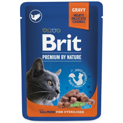 Brit Premium Pochon Saumon pour Chat Stérilisé – Nourriture humide complète en sauce, avec morceaux de saumon (9,3%), adaptée aux chats stérilisés