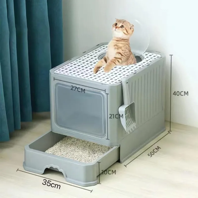 Bac à litière de grande taille pour grands chats, grand bac à litière fermé, pliable, entrée frontale, sortie par le haut, avec couvercle, bac à litière avec pelle intégrée, facile à installer