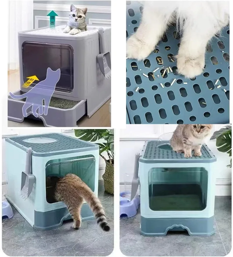 Bac à litière de grande taille pour grands chats, grand bac à litière fermé, pliable, entrée frontale, sortie par le haut, avec couvercle, bac à litière avec pelle intégrée, facile à installer