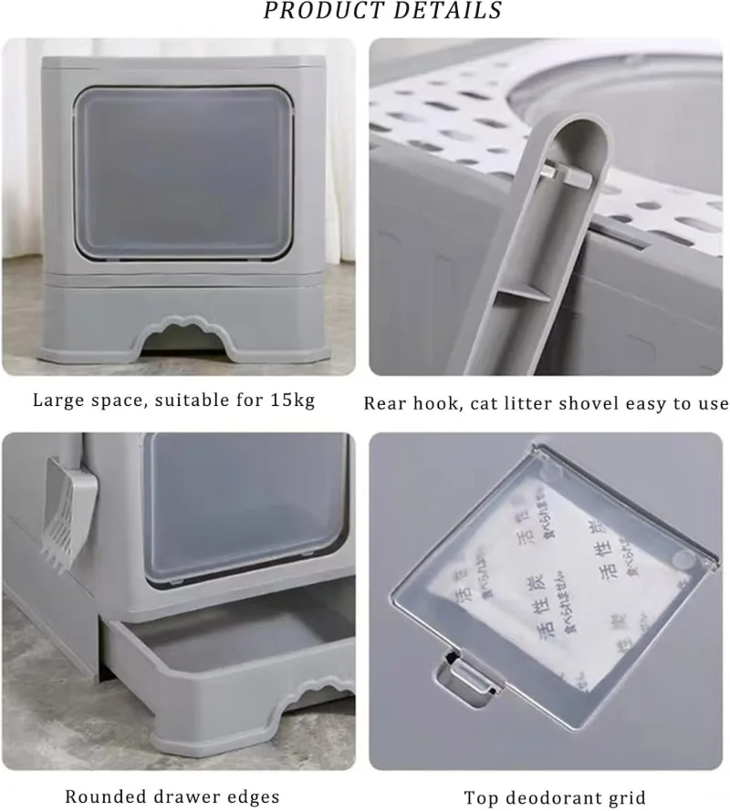 Bac à litière de grande taille pour grands chats, grand bac à litière fermé, pliable, entrée frontale, sortie par le haut, avec couvercle, bac à litière avec pelle intégrée, facile à installer
