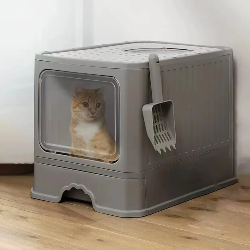 Bac à litière de grande taille pour grands chats, grand bac à litière fermé, pliable, entrée frontale, sortie par le haut, avec couvercle, bac à litière avec pelle intégrée, facile à installer