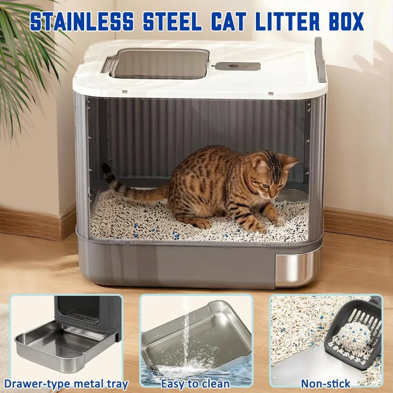 Bac à Litière Fermé en Acier Inoxydable avec Couvercle et Tiroir Amovible | Maison de Toilette Anti-Odeurs pour Chat avec Pelle