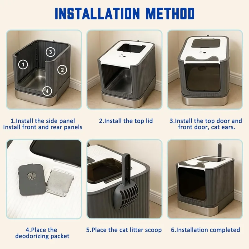 Bac à Litière Fermé en Acier Inoxydable avec Couvercle et Tiroir Amovible | Maison de Toilette Anti-Odeurs pour Chat avec Pelle