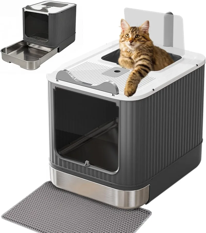 Bac à Litière Fermé en Acier Inoxydable avec Couvercle et Tiroir Amovible | Maison de Toilette Anti-Odeurs pour Chat avec Pelle