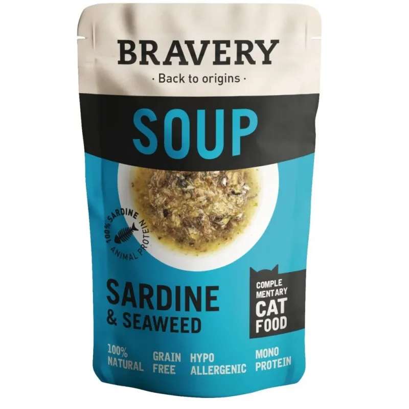 Bravery Soupe pour Chat Adulte – Aliment Humide Naturel Riche en Protéines | Poulet, Saumon ou Sardine