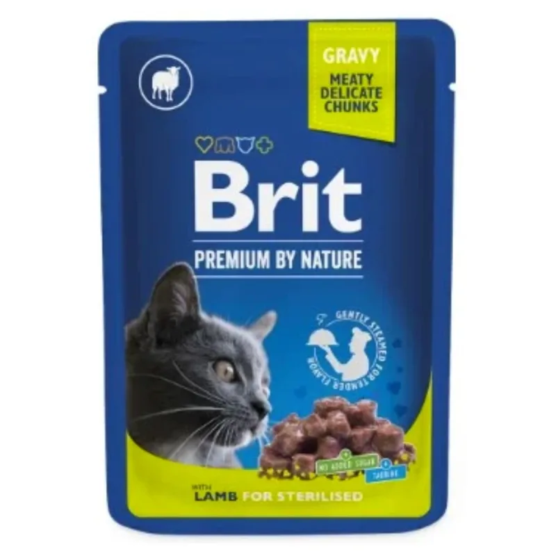 Brit Premium Pochon Agneau pour Chat Stérilisé – Nourriture humide complète en sauce, riche en viande (87%) avec 9,3% d’agneau