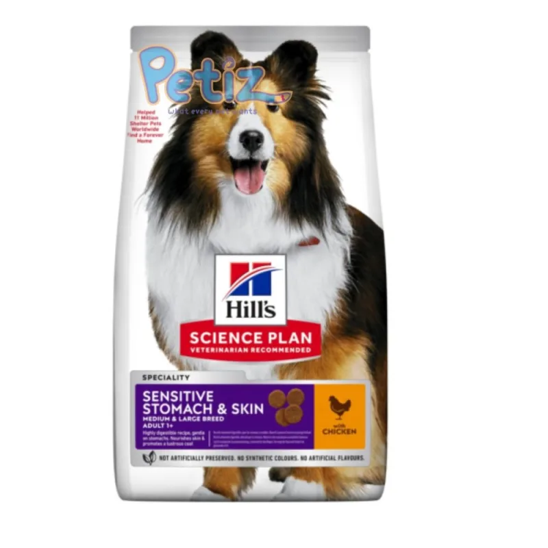 Croquettes Hill’s Science Plan Aliment Pour Chien Adulte De Taille Medium Et Grande Sensitive Stomach and Skin Au Poulet Hills