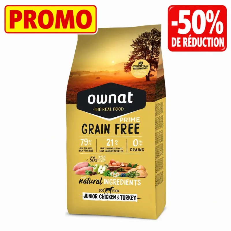 Croquettes Ownat Grain Free Prime Junior Poulet et Dinde – alimentation naturelle pour votre chiot (PROMO)