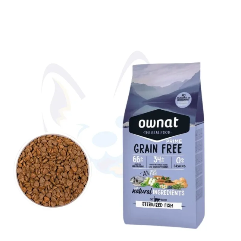 Croquettes Ownat Sans Céréales Prime Sterilized Poisson pour Chats Stérilisés Haute teneur en protéines animales