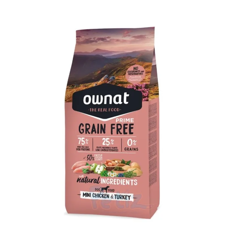 Croquettes sans céréales pour chiens adultes de petite taille – Ownat Prime Grain Free Mini Poulet & Dinde – Riche en protéines animales, avec chondroprotecteurs – Sac de