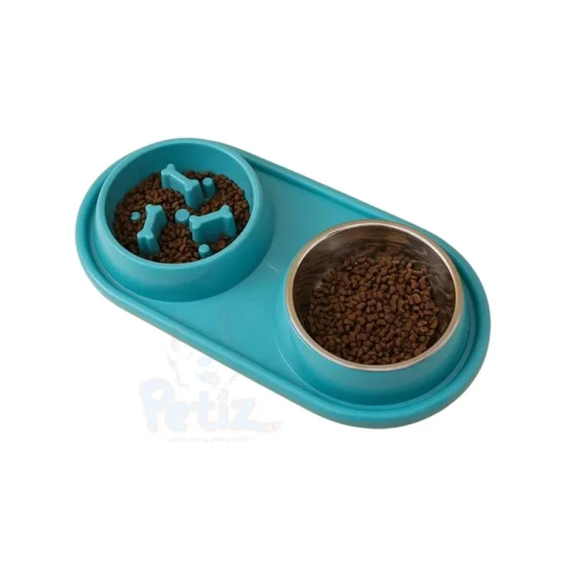 Double Bol en Acier Inoxydable pour Chien et Chat | Bol de Nourriture Lent avec Anneau Anti-Fuite – 2 en 1