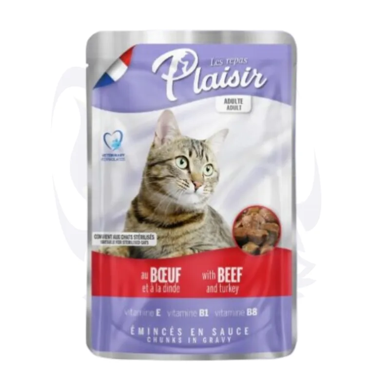 Émincés en sauce pour chats au bœuf et dinde – Plaisir