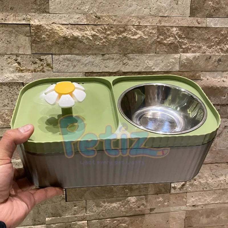 Fontaine à eau 2 en 1 pour chat avec bol en inox – Hydratation et repas simplifiés pour votre félin