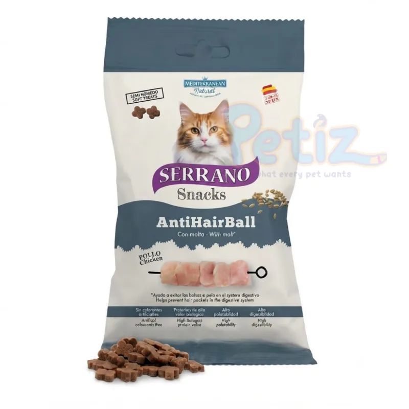 Friandises SERRANO Snacks Anti-HairBall pour Chat – au Poulet pour Réduire les Boules de Poils
