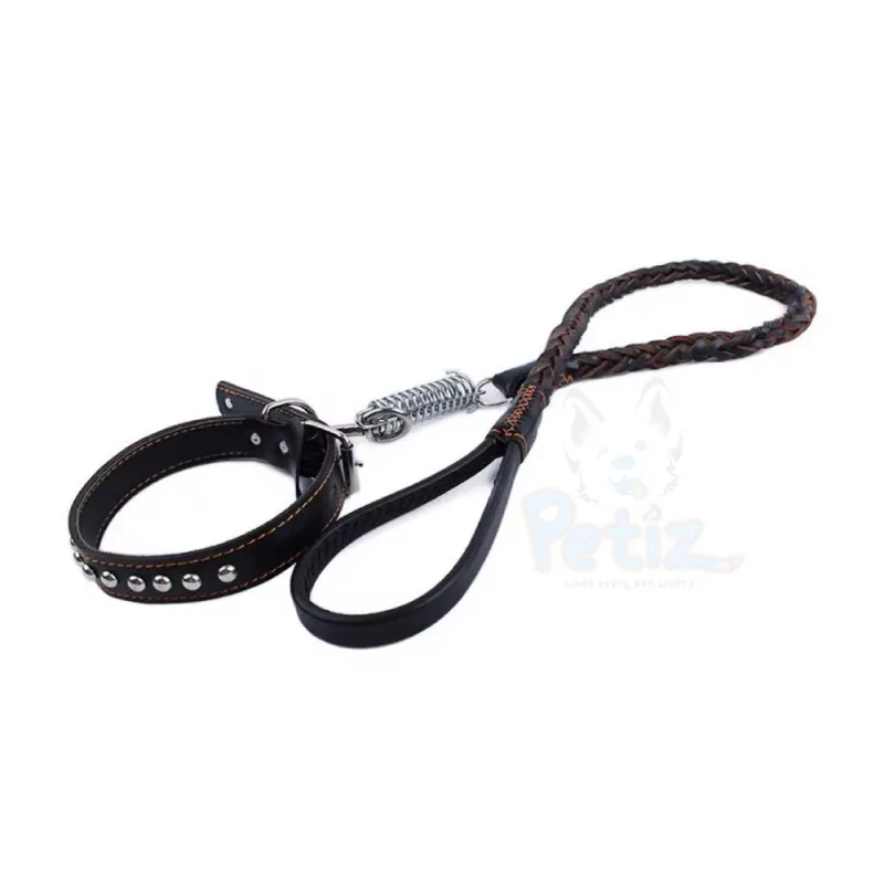 Grand collier de chien réglable avec laisse d’entraînement anti-traction, collier en cuir tressé – Idéal pour Labrador, Bouledogue Français et autres grandes races