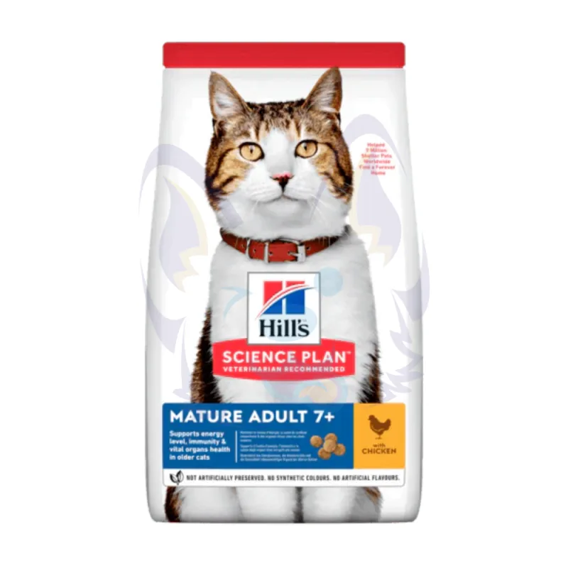 Hill's Science Croquettes Plan Mature Adult Chicken pour Chats Seniors Santé cardiaque et rénale Soutien contre le vieillissement pelage en pleine santé Hills