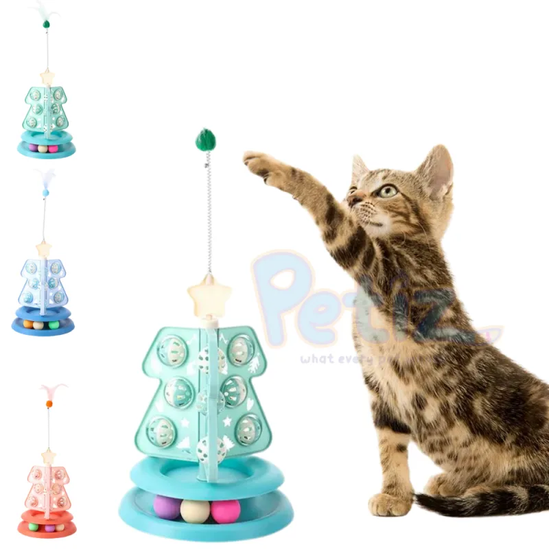 Jouet Interactif pour Chat en Forme d’Arbre de Noël – Balle Rotative & Plume Amusante – Stimulation Physique et Mentale, Design Festif