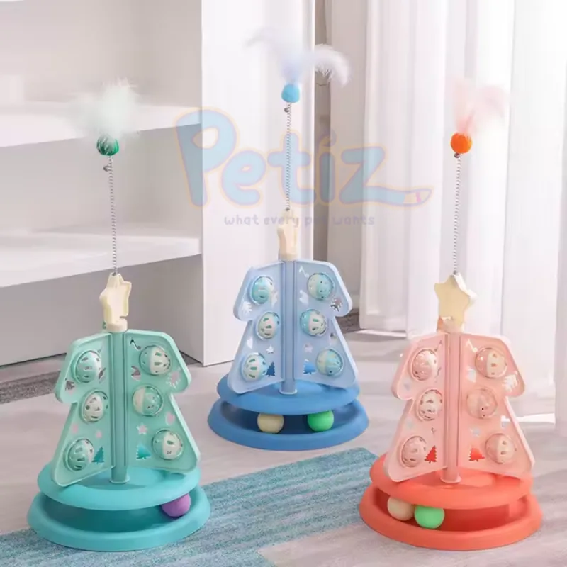 Jouet Interactif pour Chat en Forme d’Arbre de Noël – Balle Rotative & Plume Amusante – Stimulation Physique et Mentale, Design Festif