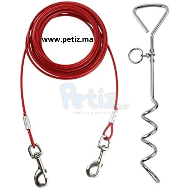 Kit d’Attache pour Chien 2 Pièces – Piquet à Vis en Métal + Câble Laisse en Fil d’Acier Renforcé 3m – Sécurité et Liberté pour Votre Chien en Extérieur