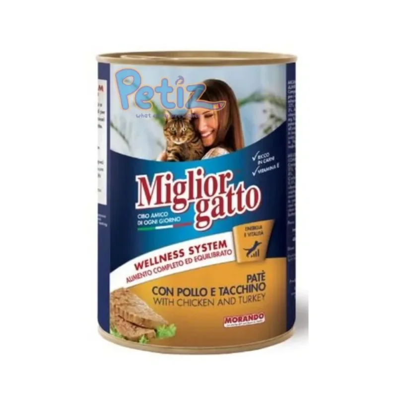 Pâté Migliorgatto pour chats au Poulet et dinde – Protéines Brutes Fibres Alimentaires Oméga 3 Vitamines et Vinéraux