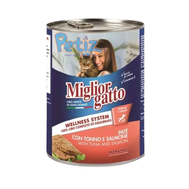 Pâté Migliorgatto pour chats au Thon et saumon huiles de poisson riches en Oméga 3