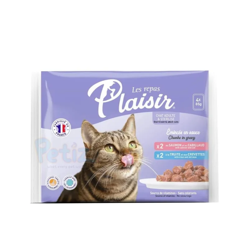Plaisir Cats Chunks in Gravy – Nourriture humide pour chats adultes – Saveurs Saumon & Truite