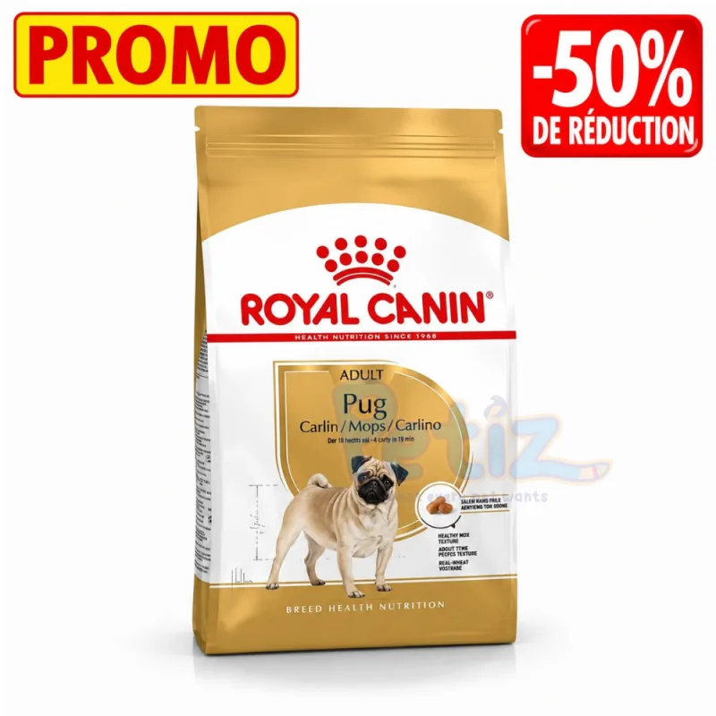 Royal Canin Carlin Adulte (Pug) – Nutrition Adaptée pour votre Pug – Croquettes adaptées à la mâchoire courte brachycéphale – promo