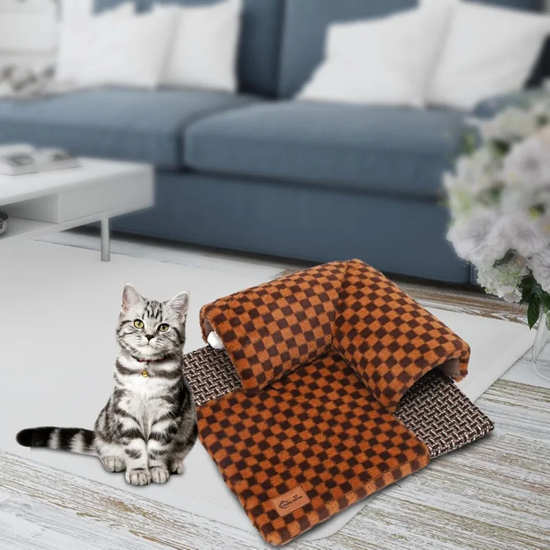 Tunnel pour Chat 2-en-1 avec Lit Douillet et Balle de Jeu | Couchage Interactif Antidérapant en Suédine pour Chats et Chatons