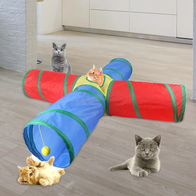 Tunnel pour Chat 4 Voies Coloré – Jouet Pliable d’Intérieur pour Se Cacher, Explorer et Jouer – Tube Ludique Multifonction