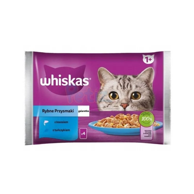 Whiskas Délices de Poisson pour Chats Adultes – Bouchées au Saumon et au Thon en Gelée