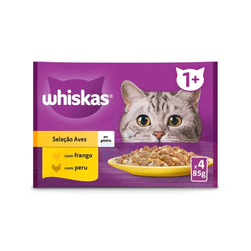 Whiskas pouchon pour Chat Adulte – Aves Volaille Dinde et poulet– 4 x 85 g