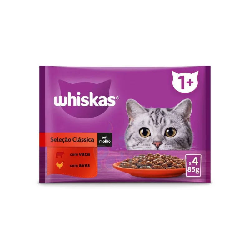 Whiskas pouchon pour Chat Adulte – Viande de bœuf et Poulet– 4 x 85 g