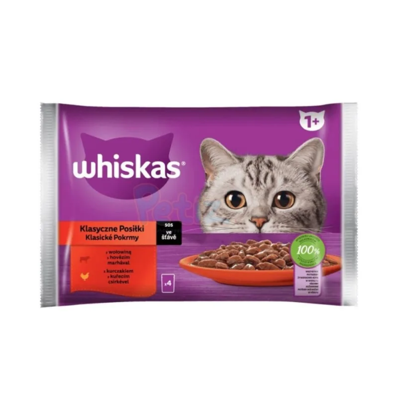 Whiskas Repas Classiques en Sauce pour Chats Adultes – Saveurs Poulet & Bœuf – 4 Sachets Frais de
