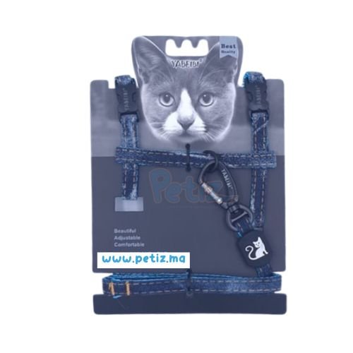 Ensemble Collier Harnais et Laisse pour Chat adulte et chaton réglable en Jeans voiture
