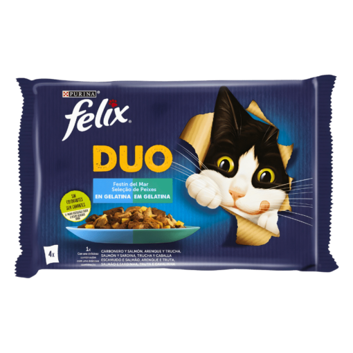 Felix Fantastic Duo Poissons pour Chats – | Truite & Maquereau en Gelée, Aliment Complet Riche en Oméga-6 et Vitamines Essentielles