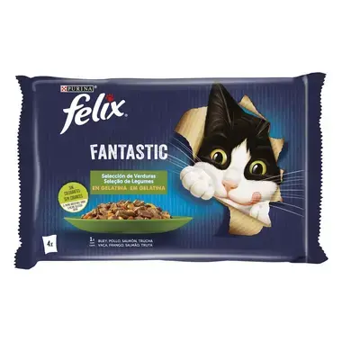 Felix Fantastic Sélection de Légumes en Gélatine pour Chats – | Tendres Morceaux de Viande avec Légumes, Aliment Complet Riche en Nutriments Essentiels