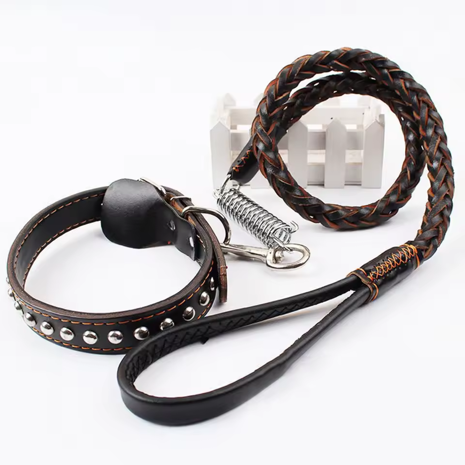Grand collier de chien réglable avec laisse d’entraînement anti-traction, collier en cuir tressé – Idéal pour Labrador, Bouledogue Français et autres grandes races