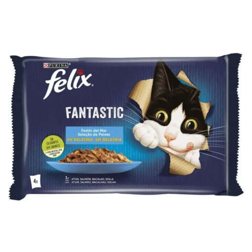 Purina Felix Fantastic Festin de la Mer en Gélatine – Nourriture humide pour chats adultes aux poissons savoureux (Saumon, Thon, Cabillaud, Plie)
