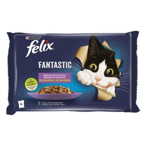 Purina Felix Fantastic Sélections Préférées en Gélatine – Nourriture humide pour chats adultes aux saveurs variées avec morceaux tendres et gelée savoureuse