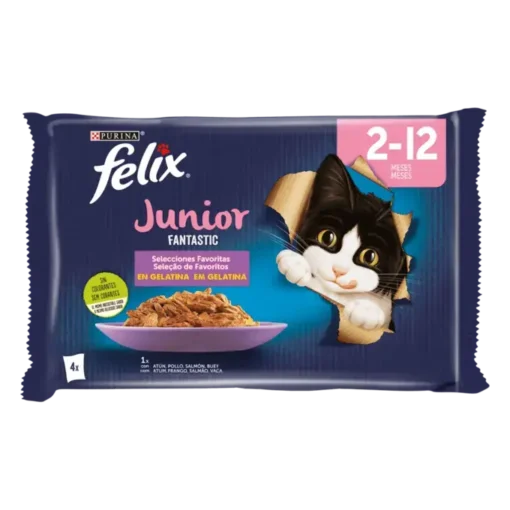 Purina Felix Fantastique Junior – Repas Complets et Savoureux pour Chatons Gourmands avec Tendres Morceaux enrobés de Gélatine Succulente