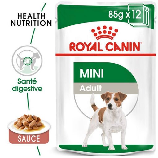 Royal Canin Mini Adulte Sauce – Alimentation Complète et Savoureuse pour Chiens Adultes de Petite Race (1 à ) avec Soutien Digestif et Pelage Brillant