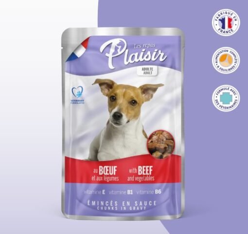 Sachet Fraîcheur Émincés au Bœuf et Légumes en Sauce pour Chien Adulte – Repas Complet et Équilibré, Riche en Protéines