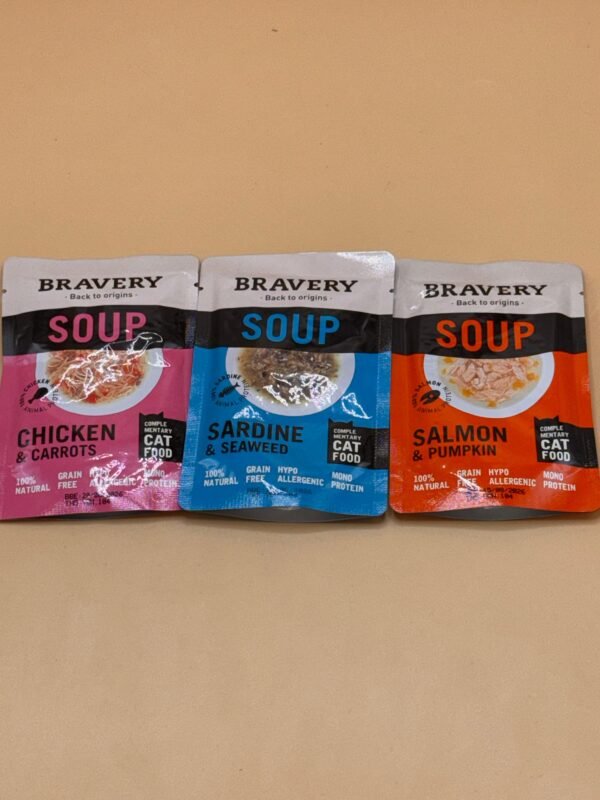 Bravery Soupe – Poulet & carottes, sardine & algues, saumon & potiron .